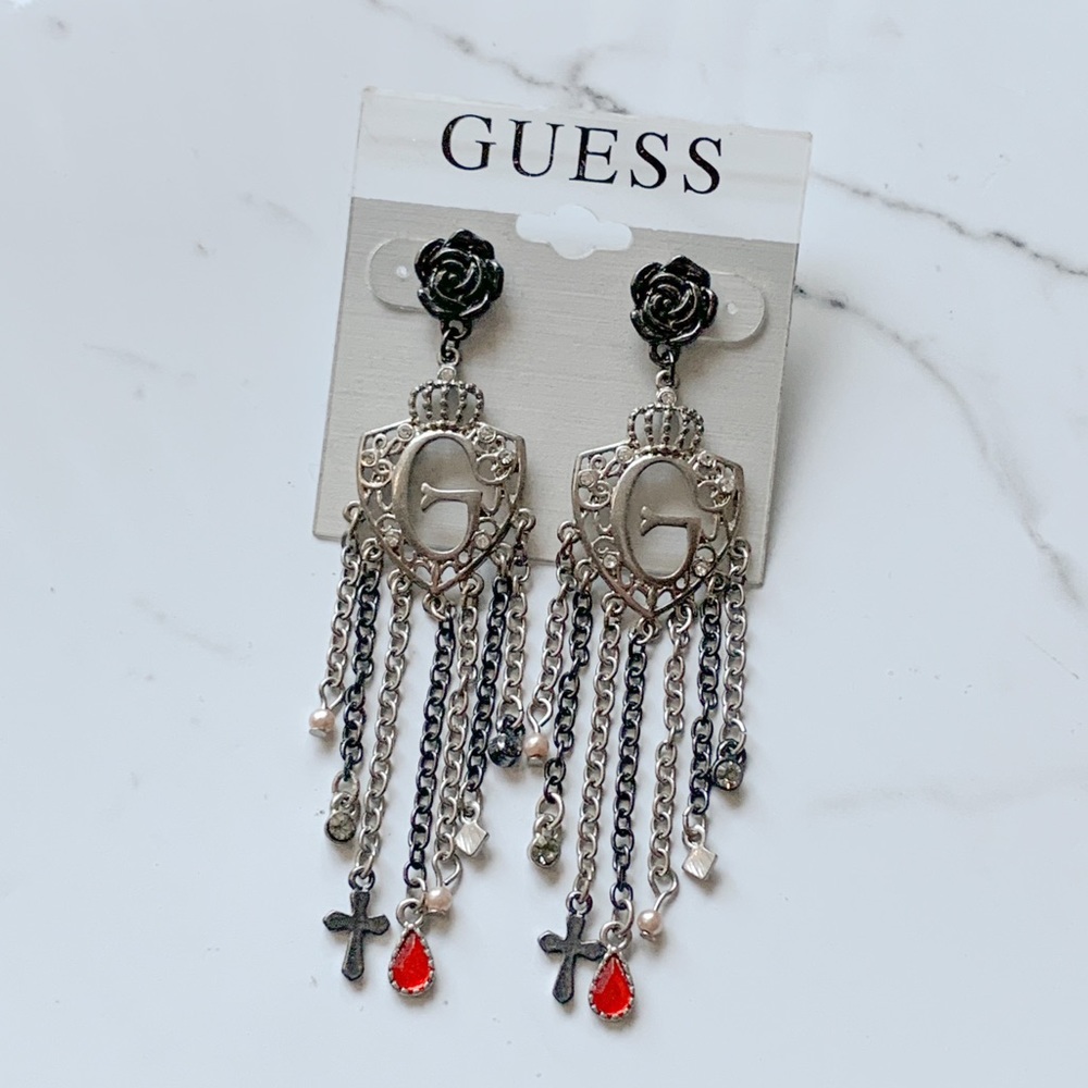 Guess Silver and Black Dangle Pierced Earrings Goth Whimsigoth Dark Romance Edgy